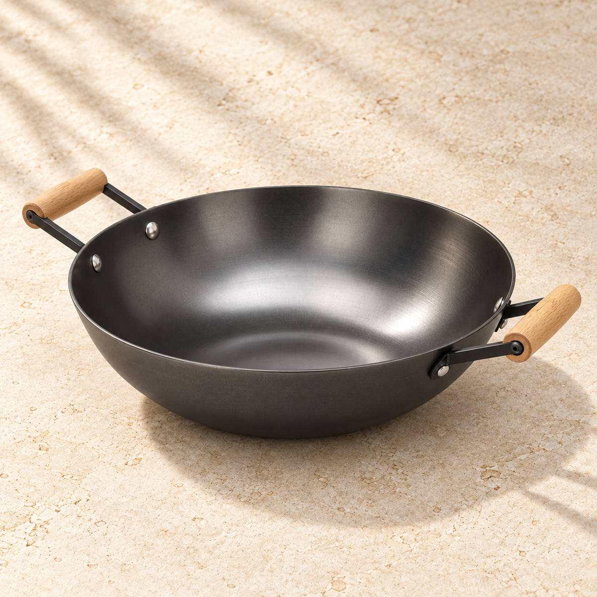 La Gourmet Nitrigan Cast Iron Wok with Dual Wooden Side Handles