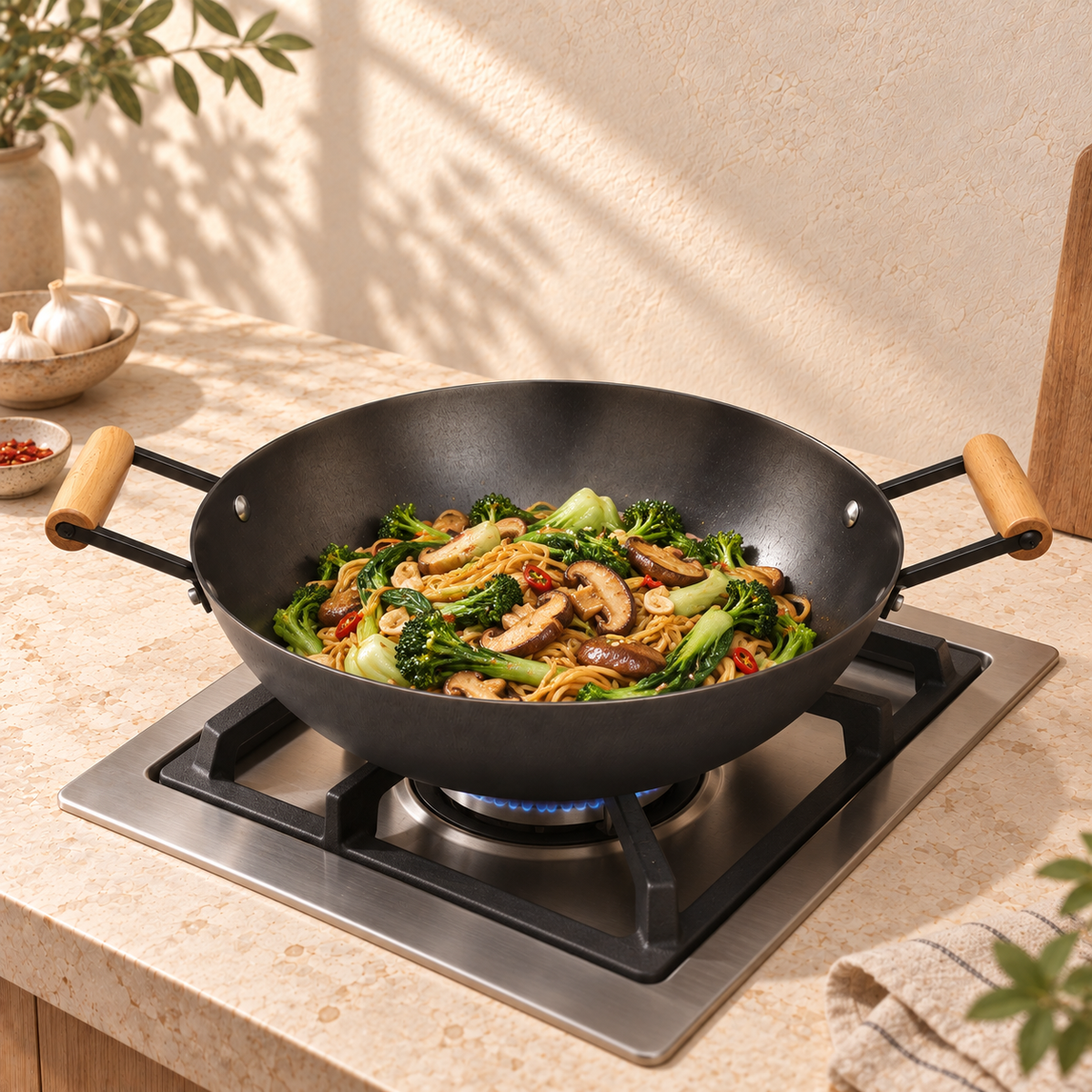 La Gourmet Nitrigan Cast Iron Wok with Dual Wooden Side Handles