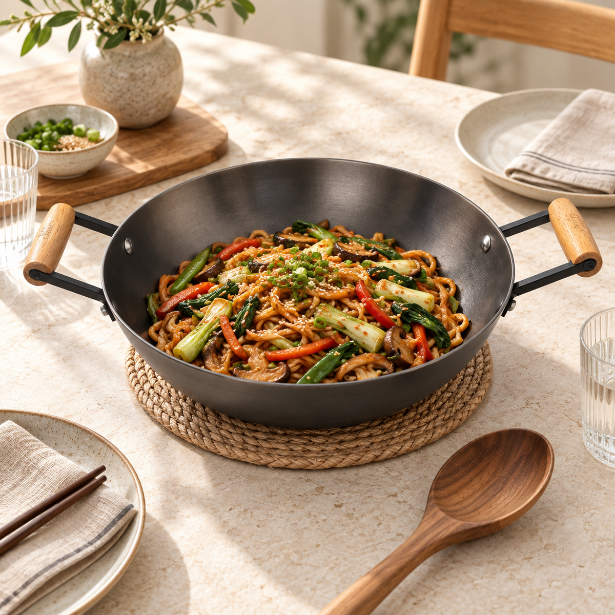 La Gourmet Nitrigan Cast Iron Wok with Dual Wooden Side Handles